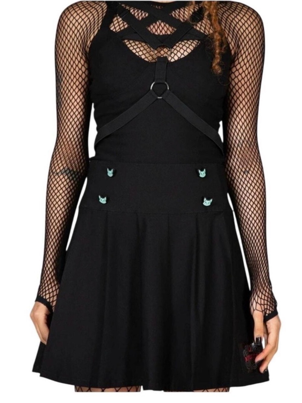 BNWT Killstar Gothic Black Mini Skirt with Mint Cat Buttons